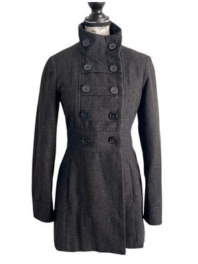 RD Style Wool Blend Military Coat – High Collar Houndstooth Napoleon Y2K Small